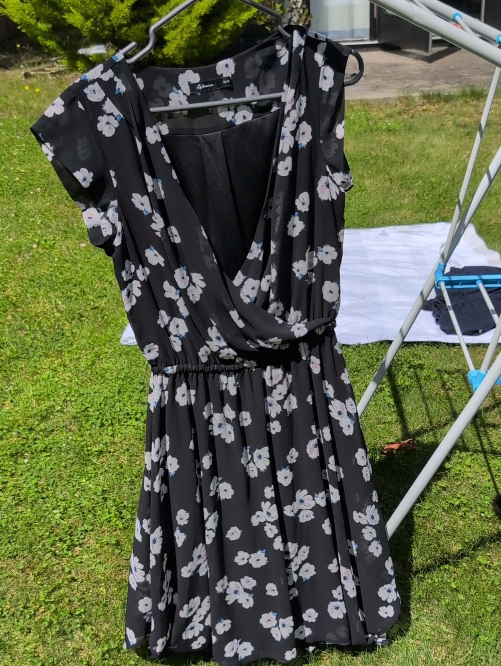 Reitmans Black Floral Mini Dress with White and Pale Blue Blooms XS